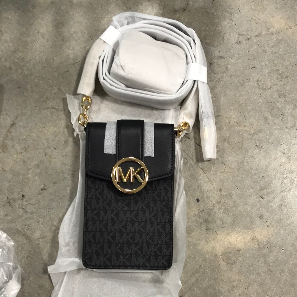 Michael Kors Black MK Signature Crossbody Phone Bag with Gold Hardware